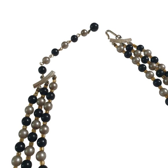 Vintage Black Gray Beaded Necklace 3 Strand Marked Japan 13 Inch Short Length - Picture 3 of 6